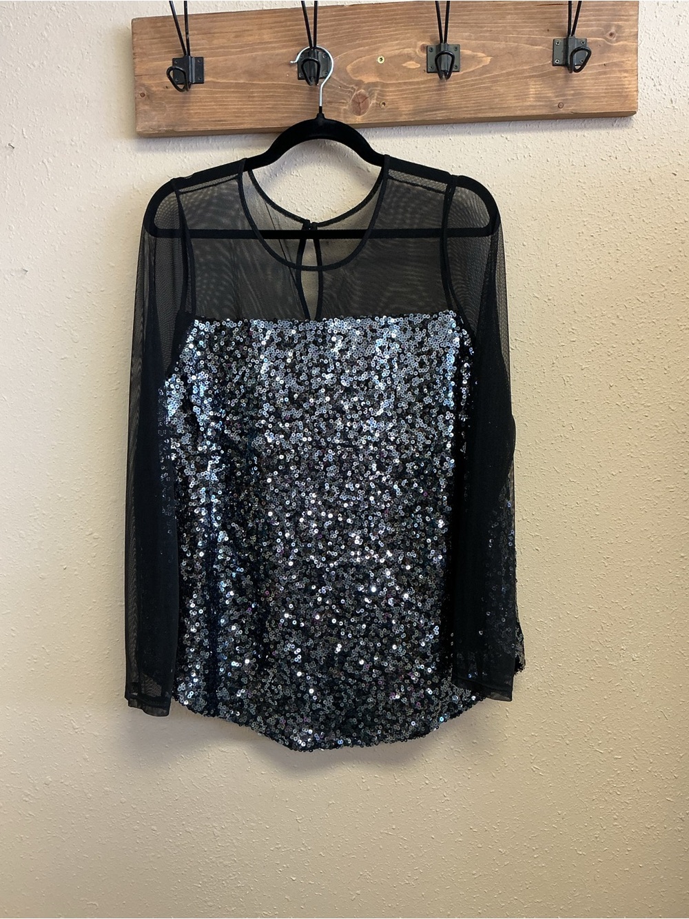 torrid Black Sequin Mesh Long Sleeve Top with Sheer Yoke